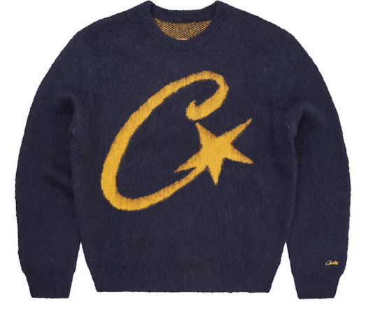 Corteiz C Star Mohair Knit Sweater Navy Yellow